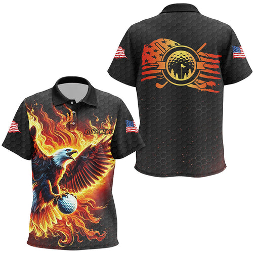 Kid golf polos shirts custom American Flag Eagle Flame golf tops, black golf outfit for Kid NQS8332