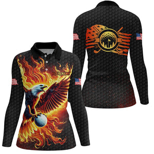 Womens golf polo shirts custom American Flag Eagle Flame golf tops, black golf outfit for women NQS8332