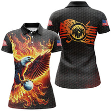 Load image into Gallery viewer, Womens golf polo shirts custom American Flag Eagle Flame golf tops, black golf outfit for women NQS8332