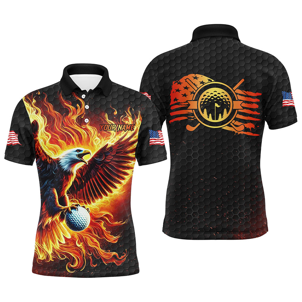 Mens golf polo shirts custom American Flag Eagle Flame golf tops, black golf outfit for mens NQS8332