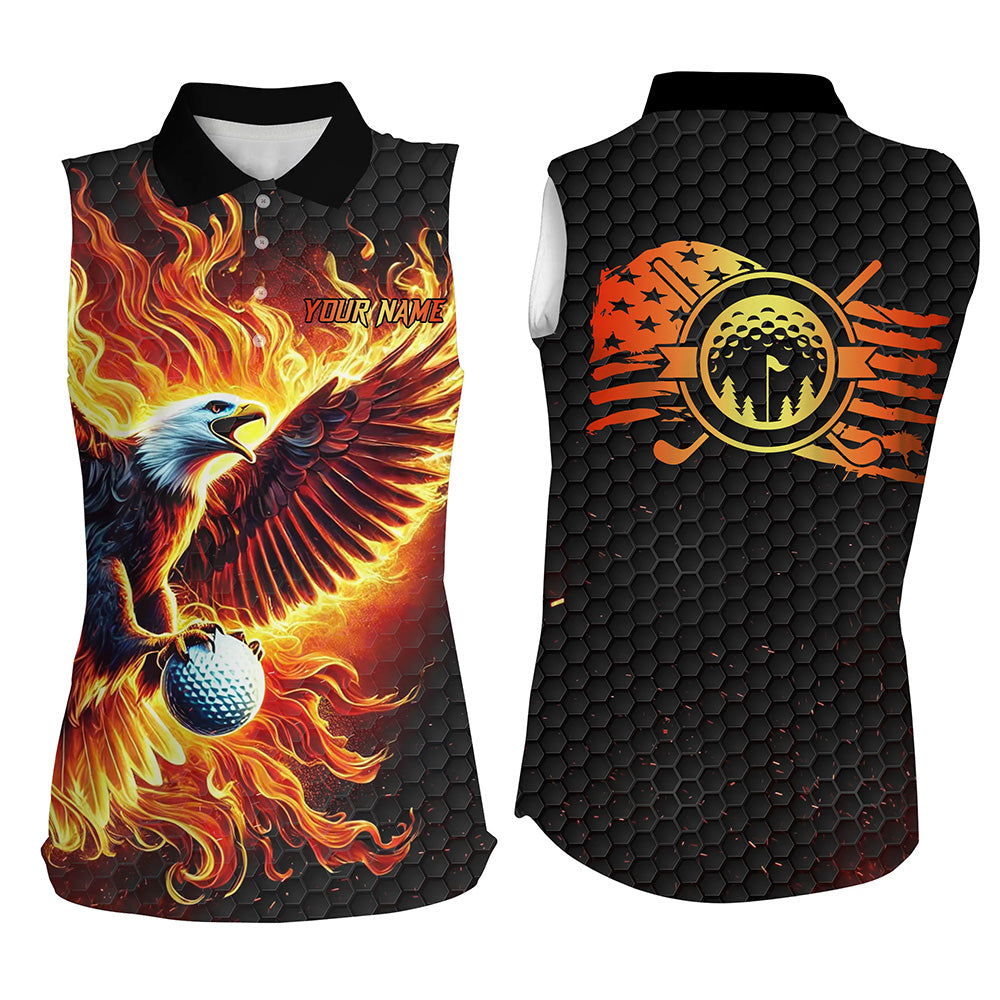 Women sleeveless polo shirt custom American Flag Eagle Flame golf tops, black golf outfit for women NQS8332