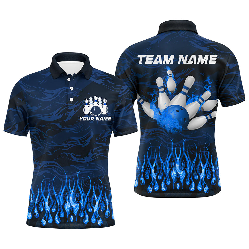 Bowling polo, quarter zip shirts for men Custom Blue camo Flame Bowling Team League Jerseys NQS8548