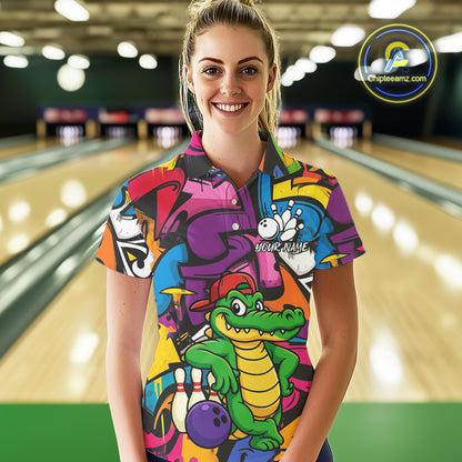 Funny Colorful Graffiti Pattern Alligator Bowling shirts for Women Custom Team bowling league jersey NQS10733