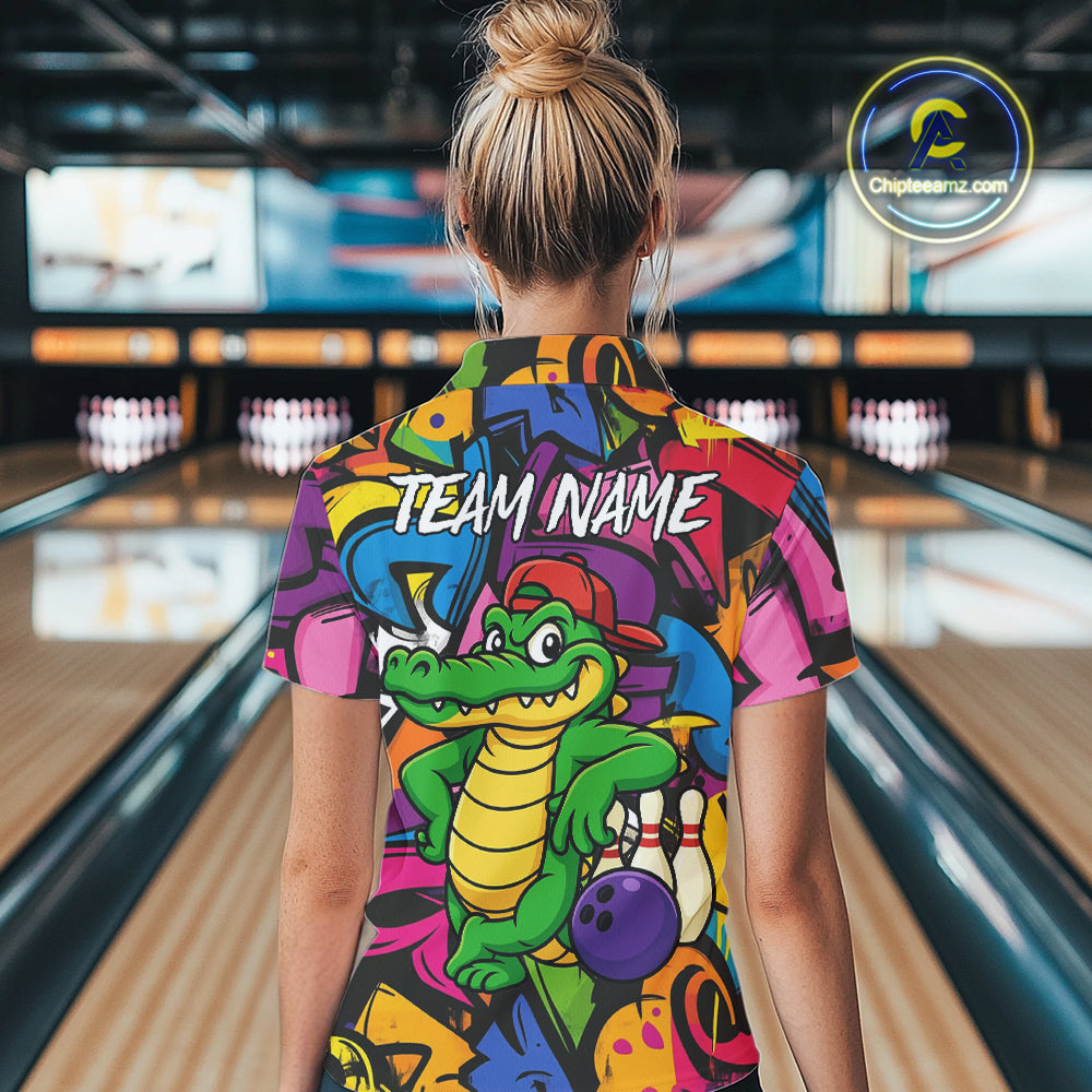 Funny Colorful Graffiti Pattern Alligator Bowling shirts for Women Custom Team bowling league jersey NQS10733
