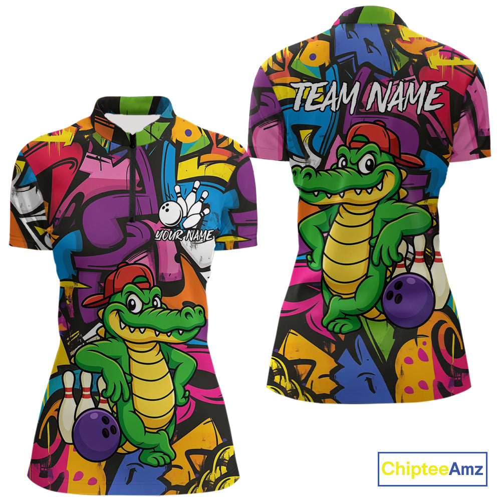 Funny Colorful Graffiti Pattern Alligator Bowling shirts for Women Custom Team bowling league jersey NQS10733