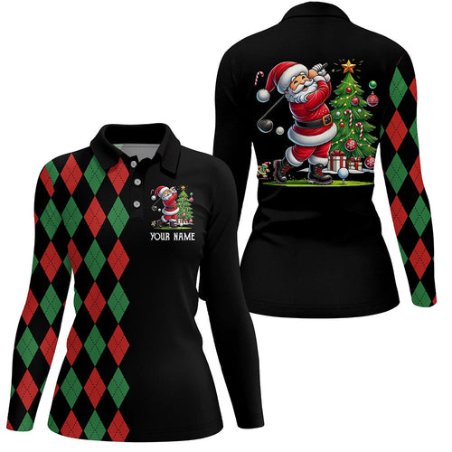 Red and Green argyle pattern black Womens golf polo shirt custom Christmas Santa golfer golf outfits NQS8786