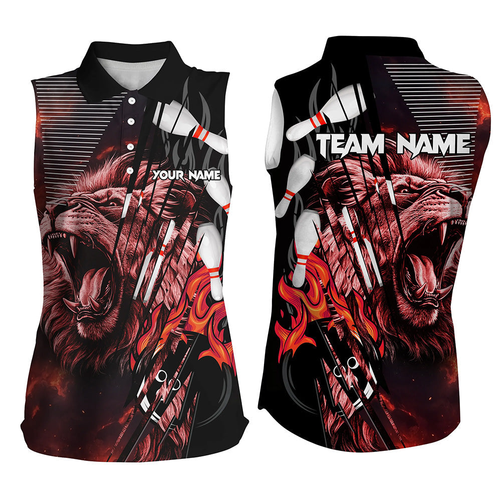 Black and Red Lion Custom Bowling Sleeveless Polo Shirts Bowling Team League Jerseys Outfits NQS8789