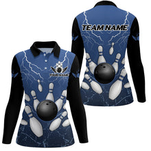 Load image into Gallery viewer, Black and Blue Grunge Lightning Thunder Women Bowling Polo, 1/4 Zip Shirt Custom Bowling Team Jersey NQS8793