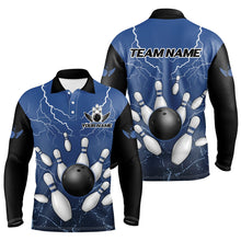 Load image into Gallery viewer, Black and Blue Grunge Lightning Thunder Bowling Polo, 1/4 Zip Shirt For Men Custom Bowling Team Jersey NQS8793