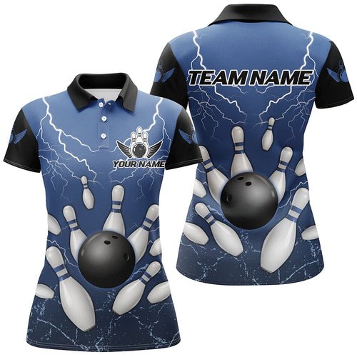 Black and Blue Grunge Lightning Thunder Women Bowling Polo, 1/4 Zip Shirt Custom Bowling Team Jersey NQS8793