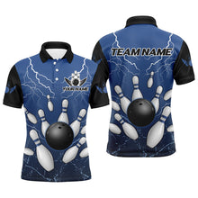 Load image into Gallery viewer, Black and Blue Grunge Lightning Thunder Bowling Polo, 1/4 Zip Shirt For Men Custom Bowling Team Jersey NQS8793