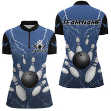 Load image into Gallery viewer, Black and Blue Grunge Lightning Thunder Women Bowling Polo, 1/4 Zip Shirt Custom Bowling Team Jersey NQS8793