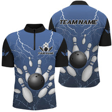 Load image into Gallery viewer, Black and Blue Grunge Lightning Thunder Bowling Polo, 1/4 Zip Shirt For Men Custom Bowling Team Jersey NQS8793