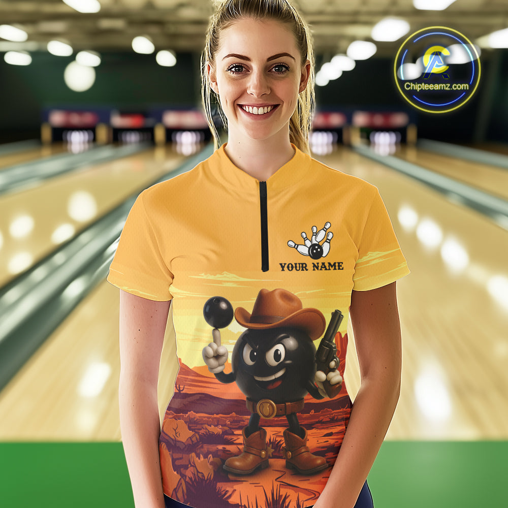 Funny Bowling Cowboy gun desert Womens Bowling Polo, 1/4 Zip Shirts Custom Funny bowling team jerseys NQS11127
