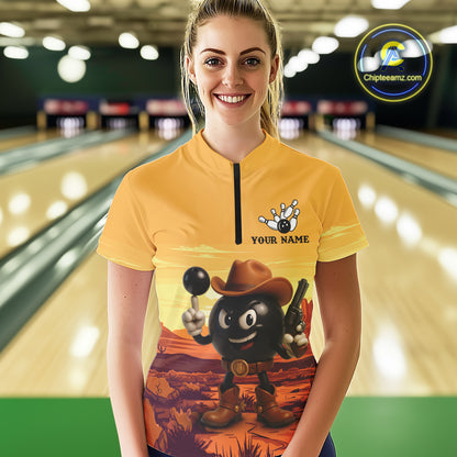 Funny Bowling Cowboy gun desert Womens Bowling Polo, 1/4 Zip Shirts Custom Funny bowling team jerseys NQS11127