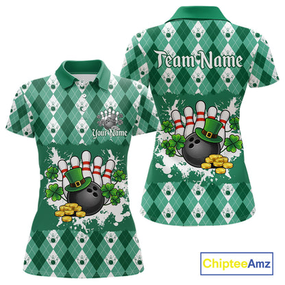 Argyle pattern St Patrick Green Bowling Polo, 1/4 zip shirts for Women Custom team bowling jerseys NQS11535