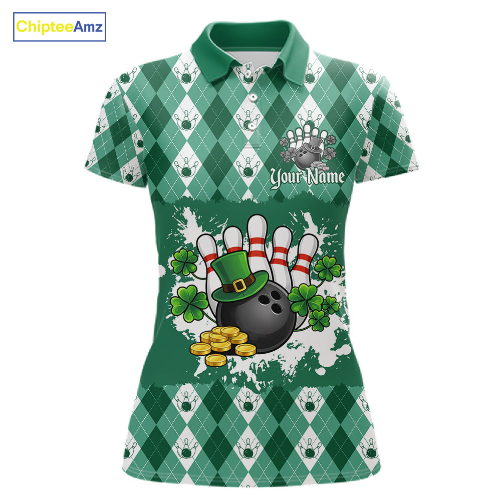 Argyle pattern St Patrick Green Bowling Polo, 1/4 zip shirts for Women Custom team bowling jerseys NQS11535