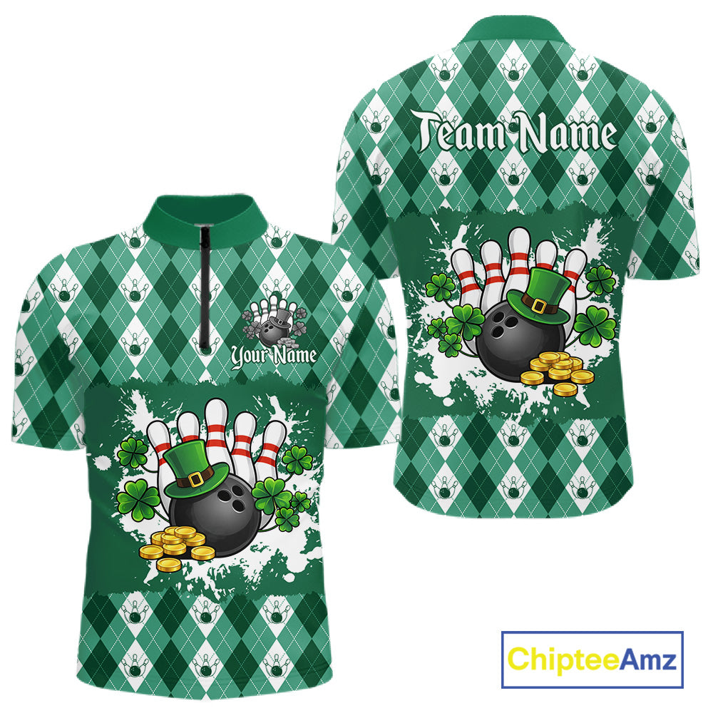 Argyle pattern St Patrick Green Bowling Polo, 1/4 zip shirts for Men Custom team bowling jerseys NQS11535