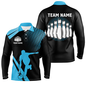 Black and Blue retro Bowling Polo Shirt for Men Custom Bowling ball and pins Team League Jersey NQS7532