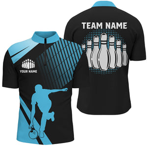 Black and Blue retro Bowling Quarter-Zip Shirt for Men Custom Bowling ball and pins Team League Jersey NQS7532