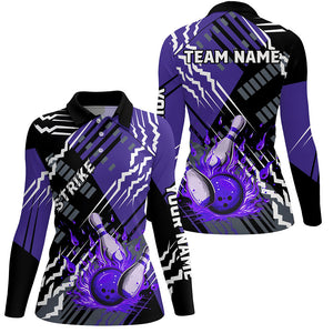 Black And Purple Strike Womens Bowling polo, quarter zip shirts Custom Bowling Jerseys For Bowlers NQS7675