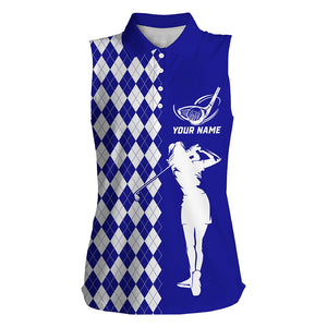 Personalized white argyle plaid pattern Women sleeveless golf polo shirts, Blue golf tops for ladies NQS7907