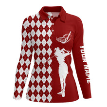 Load image into Gallery viewer, Personalized white argyle plaid pattern Womens golf polo shirts, custom Red golf apparel for ladies NQS7908