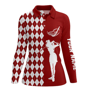 Personalized white argyle plaid pattern Womens golf polo shirts, custom Red golf apparel for ladies NQS7908