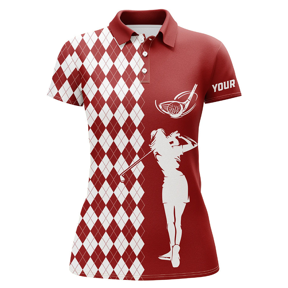 Personalized white argyle plaid pattern Womens golf polo shirts, custom Red golf apparel for ladies NQS7908