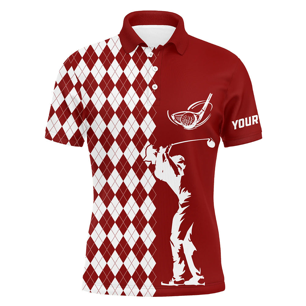 Personalized white argyle plaid pattern Mens golf polo shirts, custom Red golf tops for mens NQS7908