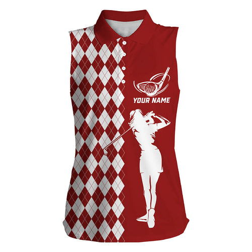 Personalized white argyle plaid pattern Women sleeveless golf polo shirts, Red golf tops for ladies NQS7908