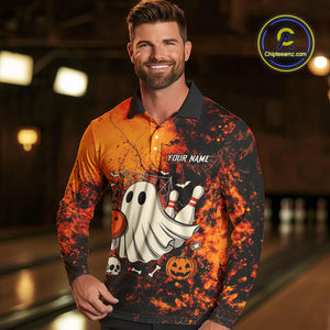 Custom Orange Boo Bowling Men Polo, Quarter Zip Shirts Bowling League Team Jerseys Halloween Outfits NQS10523