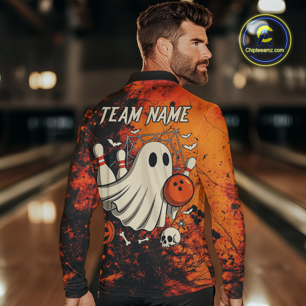 Custom Orange Boo Bowling Men Polo, Quarter Zip Shirts Bowling League Team Jerseys Halloween Outfits NQS10523