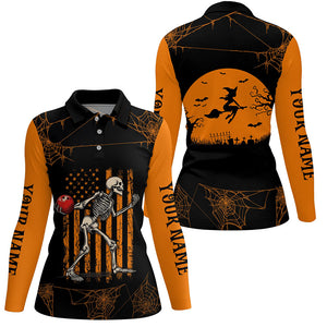 Funny Black and Orange American Flag Halloween skull custom Women bowling shirts, Bowling Team Jerseys NQS8551