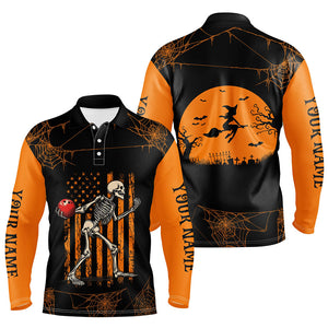 Funny Black and Orange American Flag Halloween skull custom Mens bowling shirts, Bowling Team Jerseys NQS8551