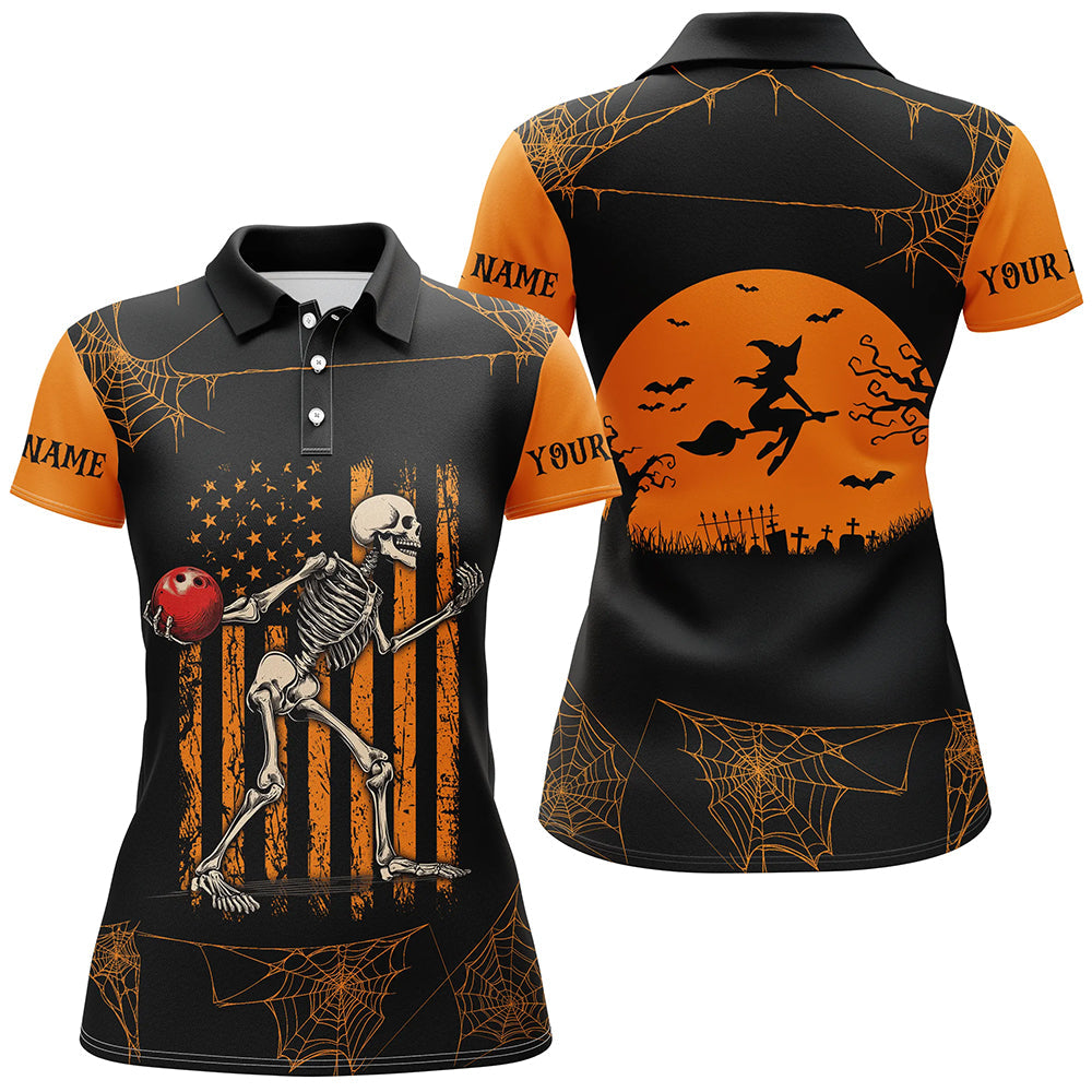 Funny Black and Orange American Flag Halloween skull custom Women bowling shirts, Bowling Team Jerseys NQS8551