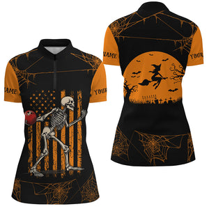 Funny Black and Orange American Flag Halloween skull custom Women bowling shirts, Bowling Team Jerseys NQS8551