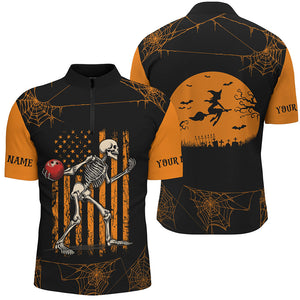 Funny Black and Orange American Flag Halloween skull custom Mens bowling shirts, Bowling Team Jerseys NQS8551