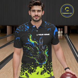 Personalized Black, Blue and Green Bowling Shirts For Men, Bowling Balls And Pins Bowling Team Shirts NQS10741