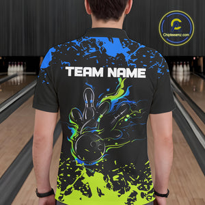 Personalized Black, Blue and Green Bowling Shirts For Men, Bowling Balls And Pins Bowling Team Shirts NQS10741