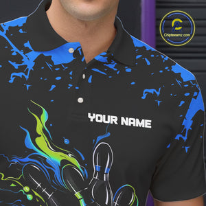 Personalized Black, Blue and Green Bowling Shirts For Men, Bowling Balls And Pins Bowling Team Shirts NQS10741