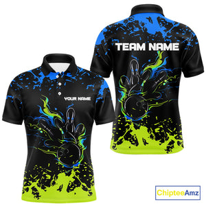 Personalized Black, Blue and Green Bowling Shirts For Men, Bowling Balls And Pins Bowling Team Shirts NQS10741