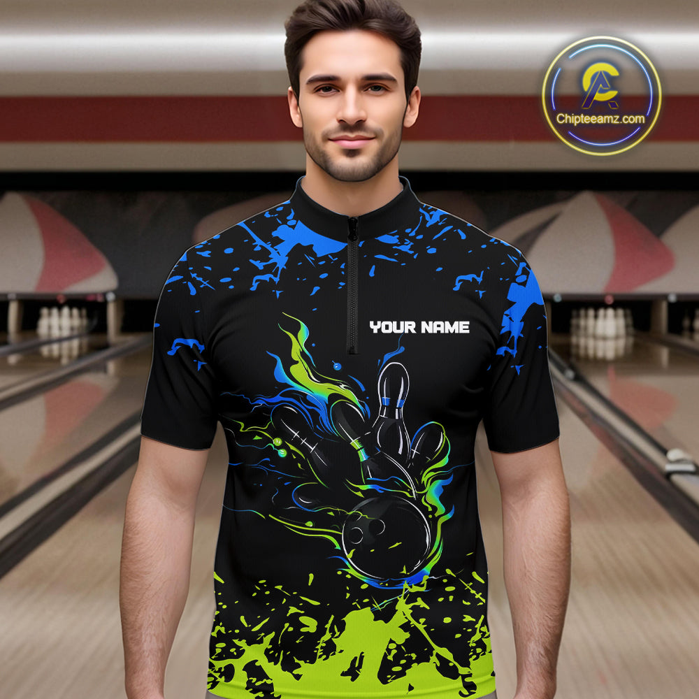 Personalized Black, Blue and Green Bowling Shirts For Men, Bowling Balls And Pins Bowling Team Shirts NQS10741