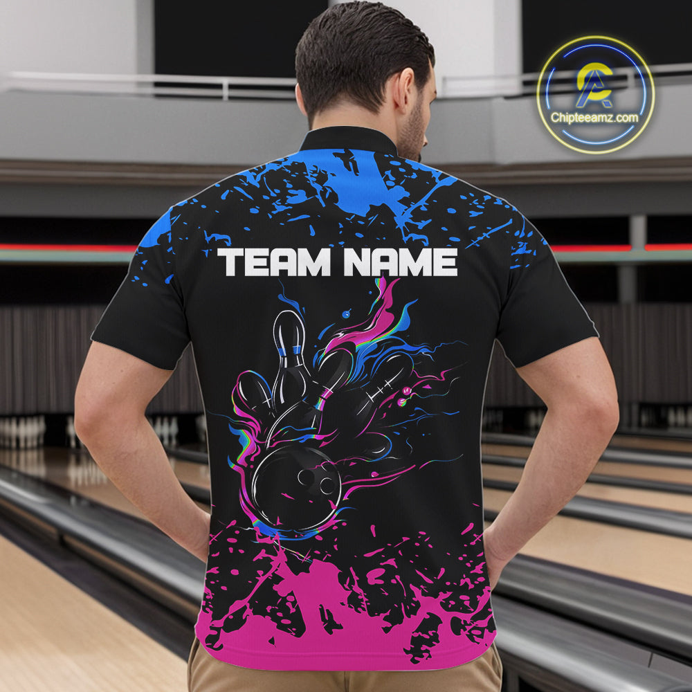 Personalized Black, Blue and Pink Bowling Shirts For Men, Bowling Balls And Pins Bowling Team Shirts NQS10742