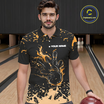 Personalized Black and Orange Bowling Shirts For Men, Bowling Balls And Pins Bowling Team Shirts NQS10743