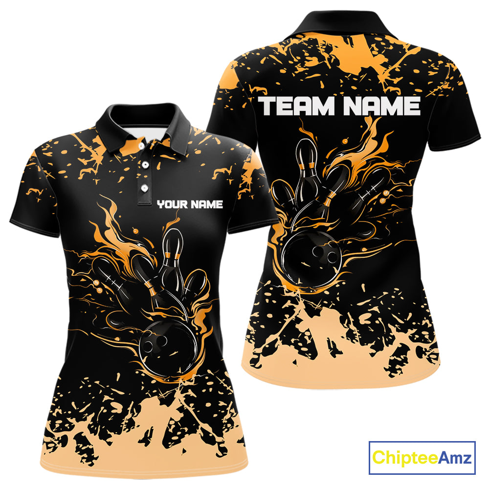 Personalized Black and Orange Bowling Shirts For Women, Bowling Balls And Pins Bowling Team Shirts NQS10743