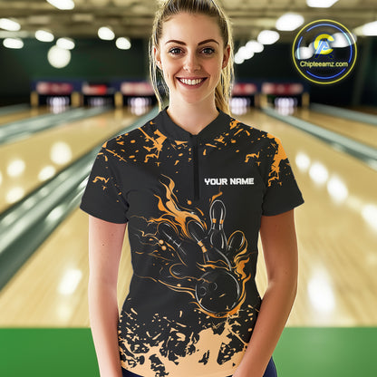 Personalized Black and Orange Bowling Shirts For Women, Bowling Balls And Pins Bowling Team Shirts NQS10743
