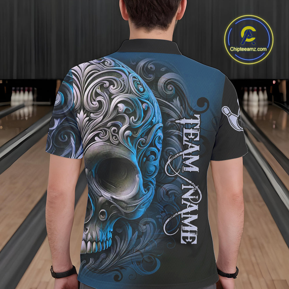 Blue and Black Skull Scroll Men Bowling Polo, Quarter Zip Shirts Custom Skull Team bowling Jersey NQS10939