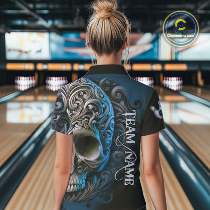 Blue and Black Skull Scroll Women Bowling Polo, Quarter Zip Shirts Custom Skull Team bowling Jersey NQS10939