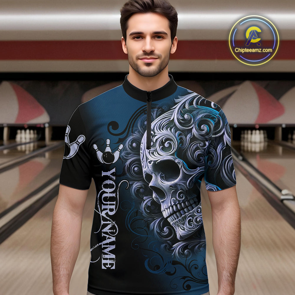 Blue and Black Skull Scroll Men Bowling Polo, Quarter Zip Shirts Custom Skull Team bowling Jersey NQS10939
